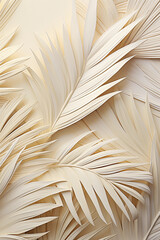3d palm leaves wall art, abstract, beige. Contemporary fresco background.