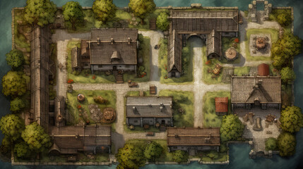 Fototapeta na wymiar DnD Map Medieval Village Aerial Panorama