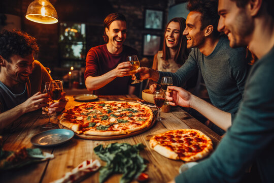 Friends enjoying pizza for dinner together. Gathered around the table a group of friends indulges in a pizza.