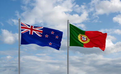 Portugal and New Zealand flags, country relationship concept