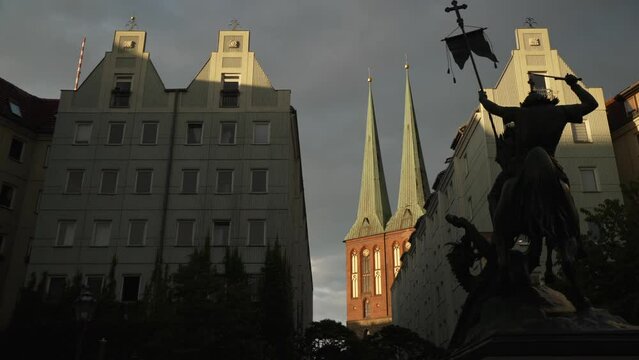 View of St. Nicholas Church and St. George The Dragonslayer at sunset, Nikolai District, Berlin