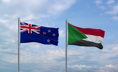 Sudan and New Zealand flags, country relationship concept