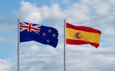 Spain and New Zealand flags, country relationship concept