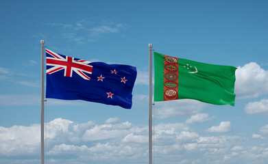 Turkmenistan and New Zealand flags, country relationship concept