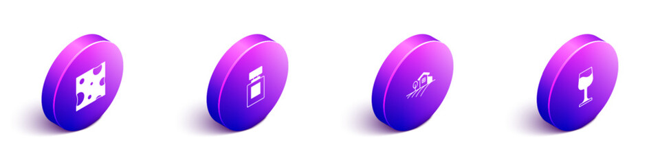 Set Isometric Cheese, Perfume, Village landscape and Wine glass icon. Vector