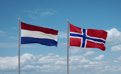 Norway and Netherlands flags, country relationship concept