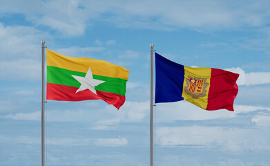 Myanmar and Andorra national flags, country relationship concept