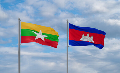 Cambodia and Myanmar flags, country relationship concept
