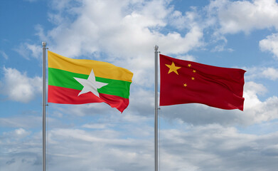 China and Myanmar flags, country relationship concept