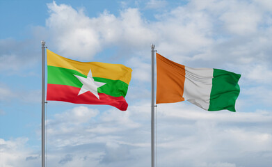 Ivory Coast and Myanmar flags, country relationship concept