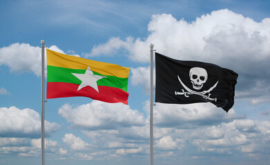 Pirate and Myanmar flags, country relationship concept