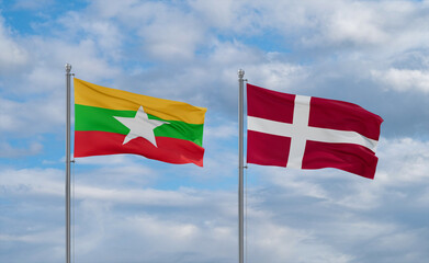 Denmark and Myanmar flags, country relationship concept