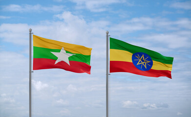 Ethiopia and Myanmar flags, country relationship concept