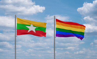Gay Pride and Myanmar flags, country relationship concept