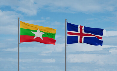 Iceland and Myanmar flags, country relationship concept