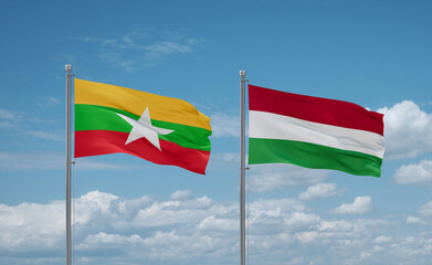 Hungary and Myanmar flags, country relationship concept