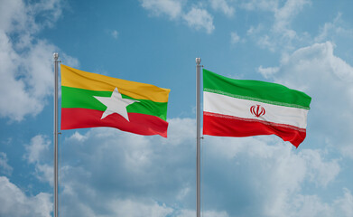 Iran and Myanmar flags, country relationship concept