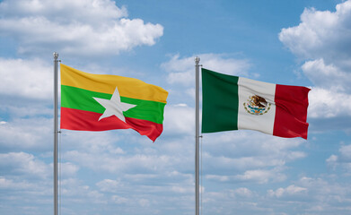 Mexico and Myanmar flags, country relationship concept