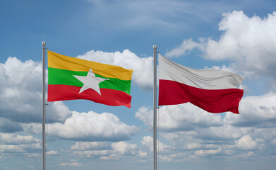 Poland and Myanmar flags, country relationship concept