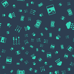 Set Portable video game console, Glass of whiskey with ice, Grilled shish kebab skewer and Cloud rain on seamless pattern. Vector