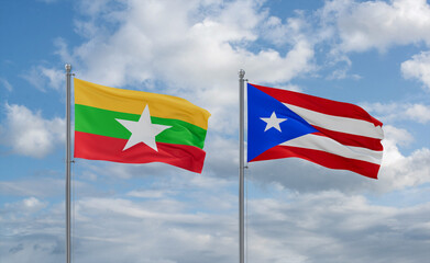Puerto Rico and Myanmar flags, country relationship concept