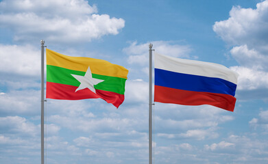 Russia and Myanmar flags, country relationship concept