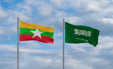Myanmar and Saudi Arabia flags, country relationship concepts