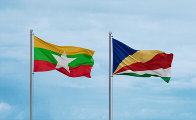 Seychelles and Myanmar flags, country relationship concept