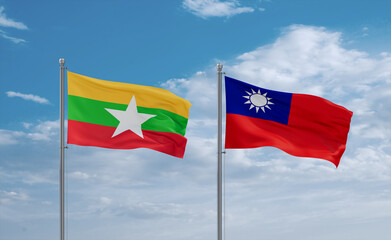 Taiwan and Myanmar flags, country relationship concept