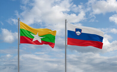 Slovenia and Myanmar flags, country relationship concept