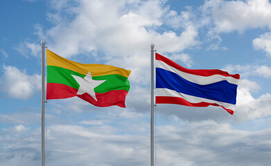 Thailand and Myanmar flags, country relationship concept
