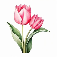 Beautiful color pink, yellow and purple tulip flower with leaves watercolor paint on white. Generated AI