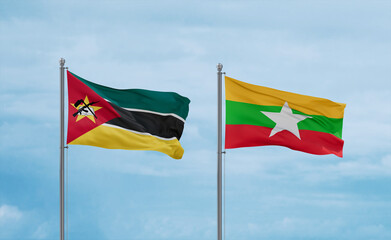 Myanmar and Mozambique flags, country relationship concept