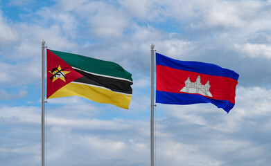 Cambodia and Mozambique flags, country relationship concept