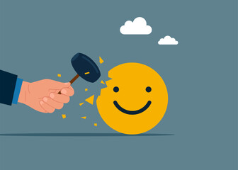 Negative review for product. Uses hammer and attack emoji sign. Vector illustration.