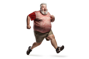 Fototapeta premium Overweight senior Caucasian man running on white background, concept of overweight and weight loss. Neural network generated image. Not based on any actual person or scene.
