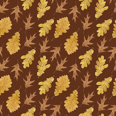 Watercolour autumn oak leaves season illustration seamless pattern. On brown background. Hand-painted. Floral elements.	
