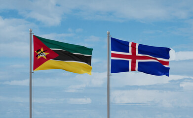Iceland and Mozambique flags, country relationship concept