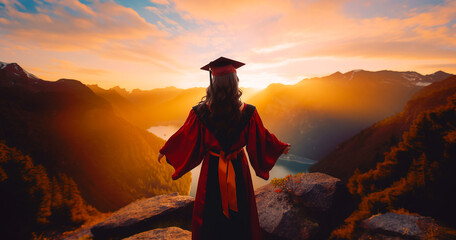 Rear view of woman graduate student in cape and mortarboard standing proud on mountain top