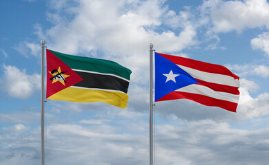 Puerto Rico and Mozambique flags, country relationship concept