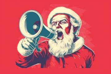 Retro vintage pop art Poster of Santa Claus with Megaphone, Festive Announcement of merry christmas and a happy new year - obrazy, fototapety, plakaty