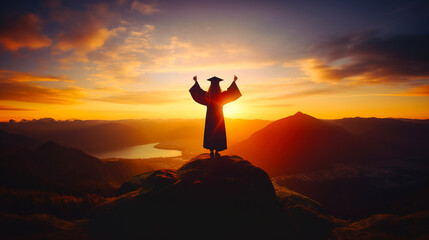 Fototapeta premium Cheerful young woman celebrating graduation on mountain top