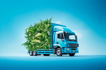 Transport of goods in ecological truck sustainable. Green environmentally friendly transport and shipping.