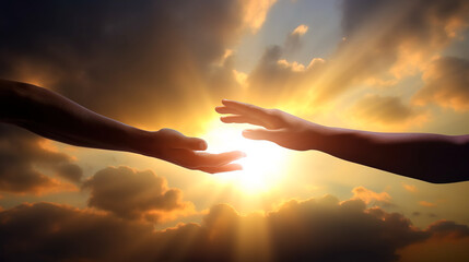 Hand reaching out for help in front of bright sunset sky  - obrazy, fototapety, plakaty