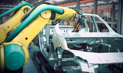  Automated Robot Arm Assembly Line Manufacturing High-Tech Green Energy Electric Vehicles. Automatic Construction line