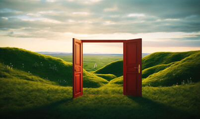 Open door in green landscape, escapism and freedom concept - obrazy, fototapety, plakaty