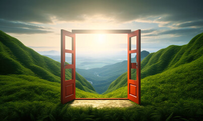 Open door in green landscape, scapism and freedom concept