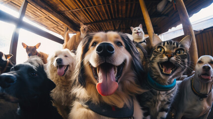 Funky group of domestic animals taking a selfie shot at the farm in barn, - obrazy, fototapety, plakaty