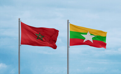 Myanmar and Morocco flags, country relationship concept
