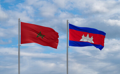 Cambodia and Morocco flags, country relationship concept